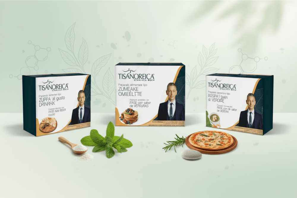 Prodotti Gianluca Mech Tisanoreica per dieta chetogenica: bevande proteiche, preparati per omelette, pancake, zuppa vegan e pizza