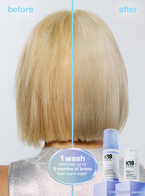 K18 Triple Bright prima e dopo shampoo antigiallo capelli biondi
