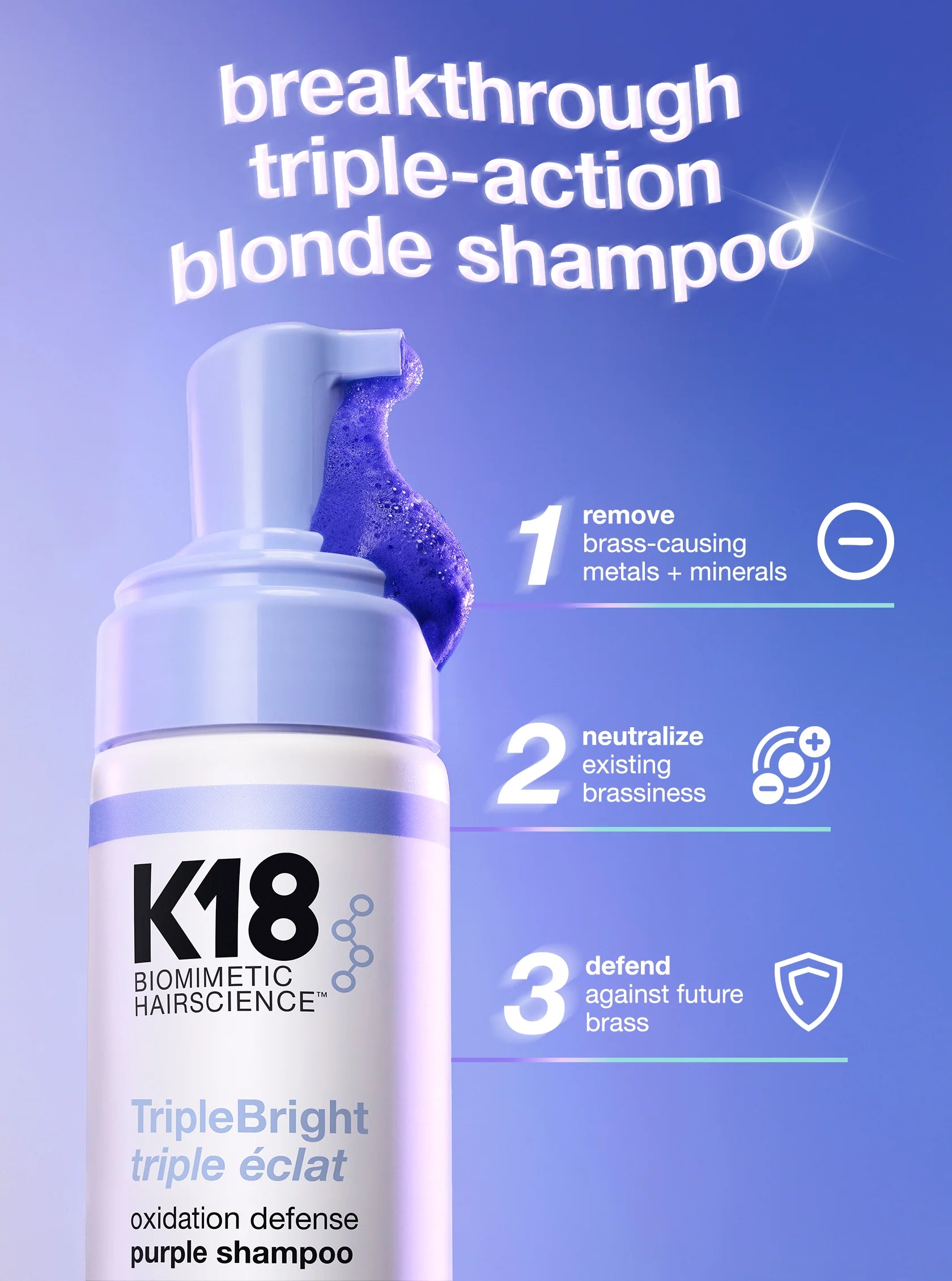 K18 Triple Bright shampoo viola texture schiuma capelli biondi