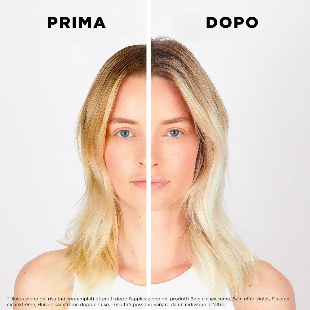 prima e dopo l'utilizzo di Blond Absolu Bain Ultra-Violet shampoo antigiallo di Kerastase 