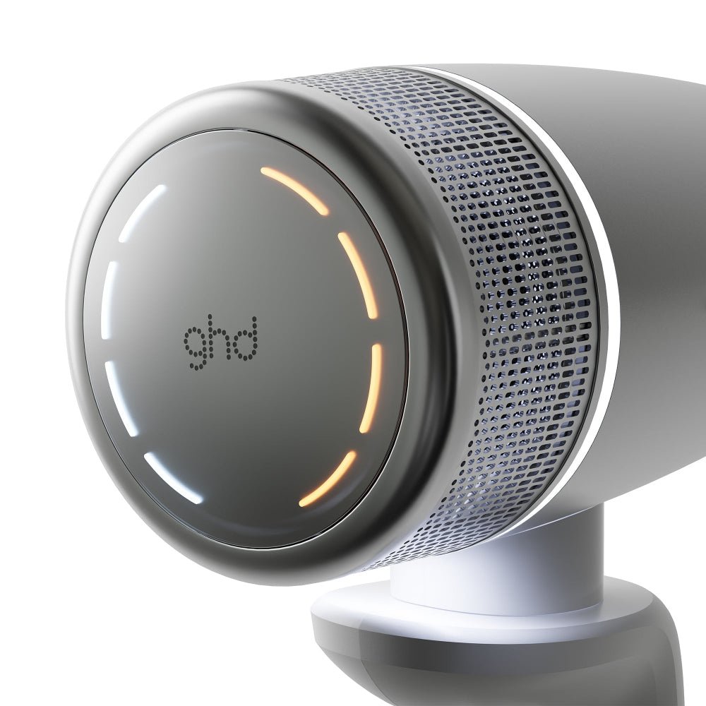 Dettagli design ergonomico asciugacapelli GHD Speed colore argento
