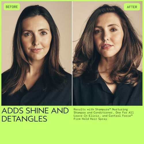 Prima e dopo Aveda One For All Leave-in Elixir su capelli castani lisci - aggiunge lucentezza e scioglie i nodi