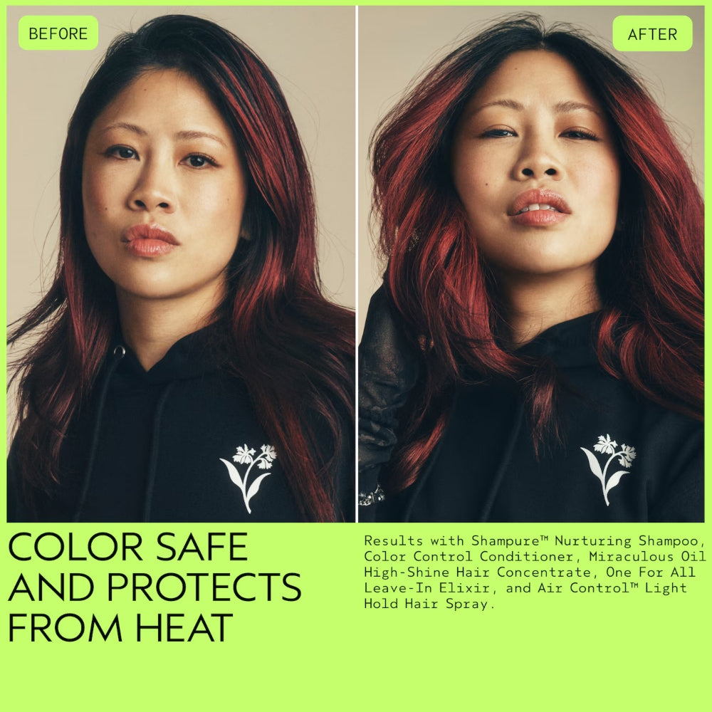Prima e dopo Aveda One For All Leave-in Elixir su capelli colorati rossi - protegge dal calore e sicuro sui colori