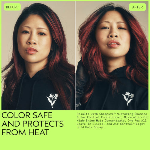 Prima e dopo Aveda One For All Leave-in Elixir su capelli colorati rossi - protegge dal calore e sicuro sui colori