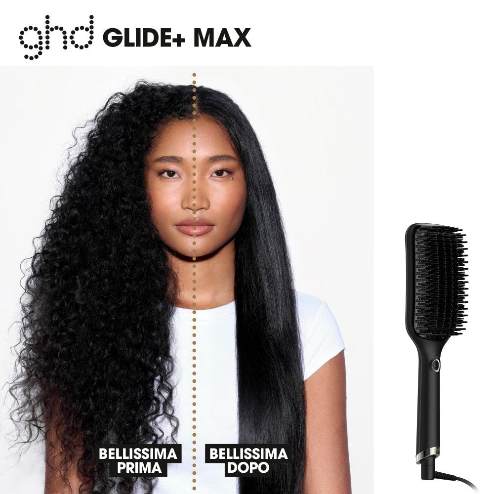 Prima e dopo GHD Glide+ Max: risultato liscio su capelli ricci con termospazzola paddle
