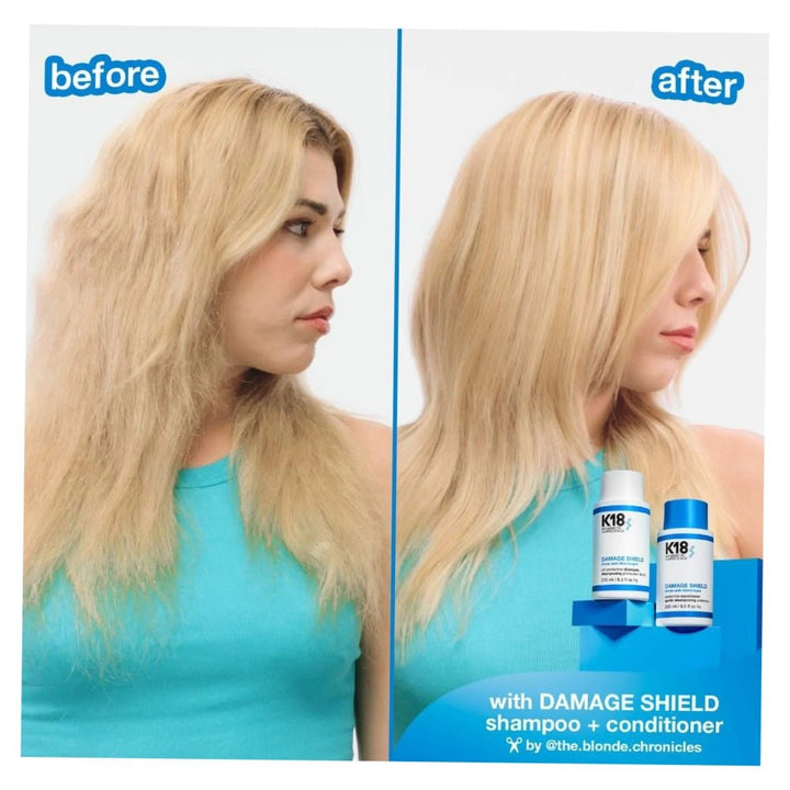 prima e dopo shampoo per capelli danneggiati K18 Damage Shield pH 