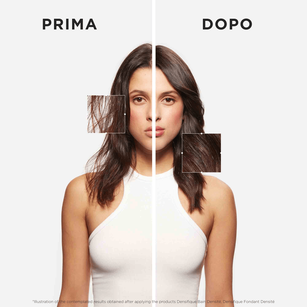 Prima e dopo utilizzo di prodotti linea Desnsifique Kerastase