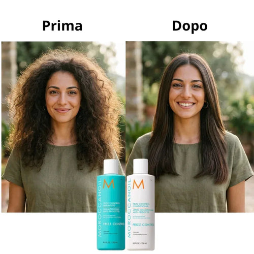 prima e dopo l'utilizzo di Moroccanoil Frizz Control 